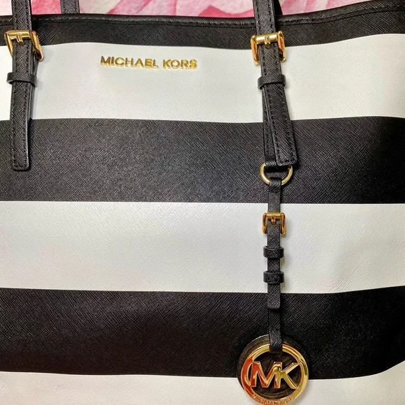 Michael Kors Black and White Striped Jet Set Tote Bag - Picture 2 of 8